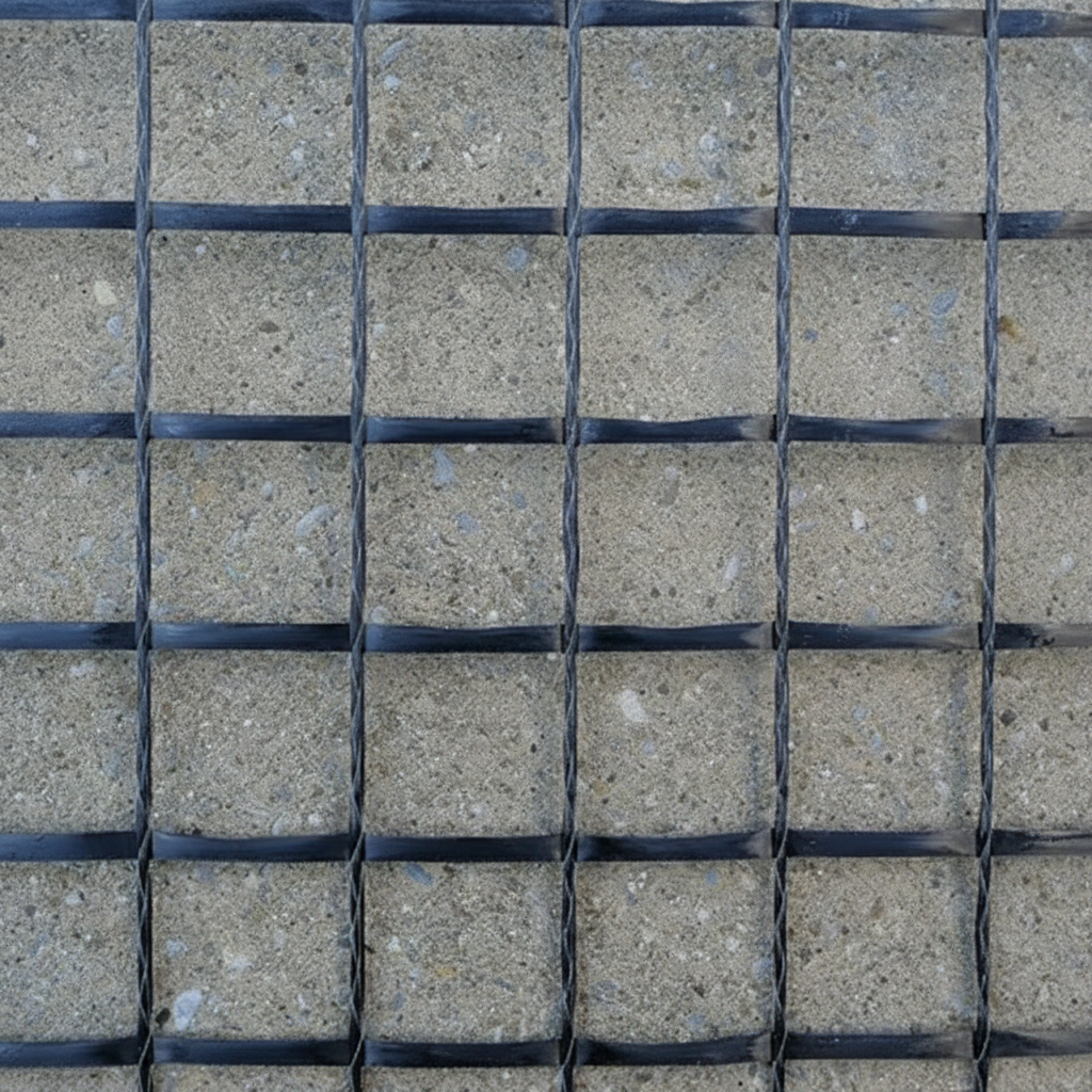 HTC 18/18 carbon mesh — grid detail on concrete